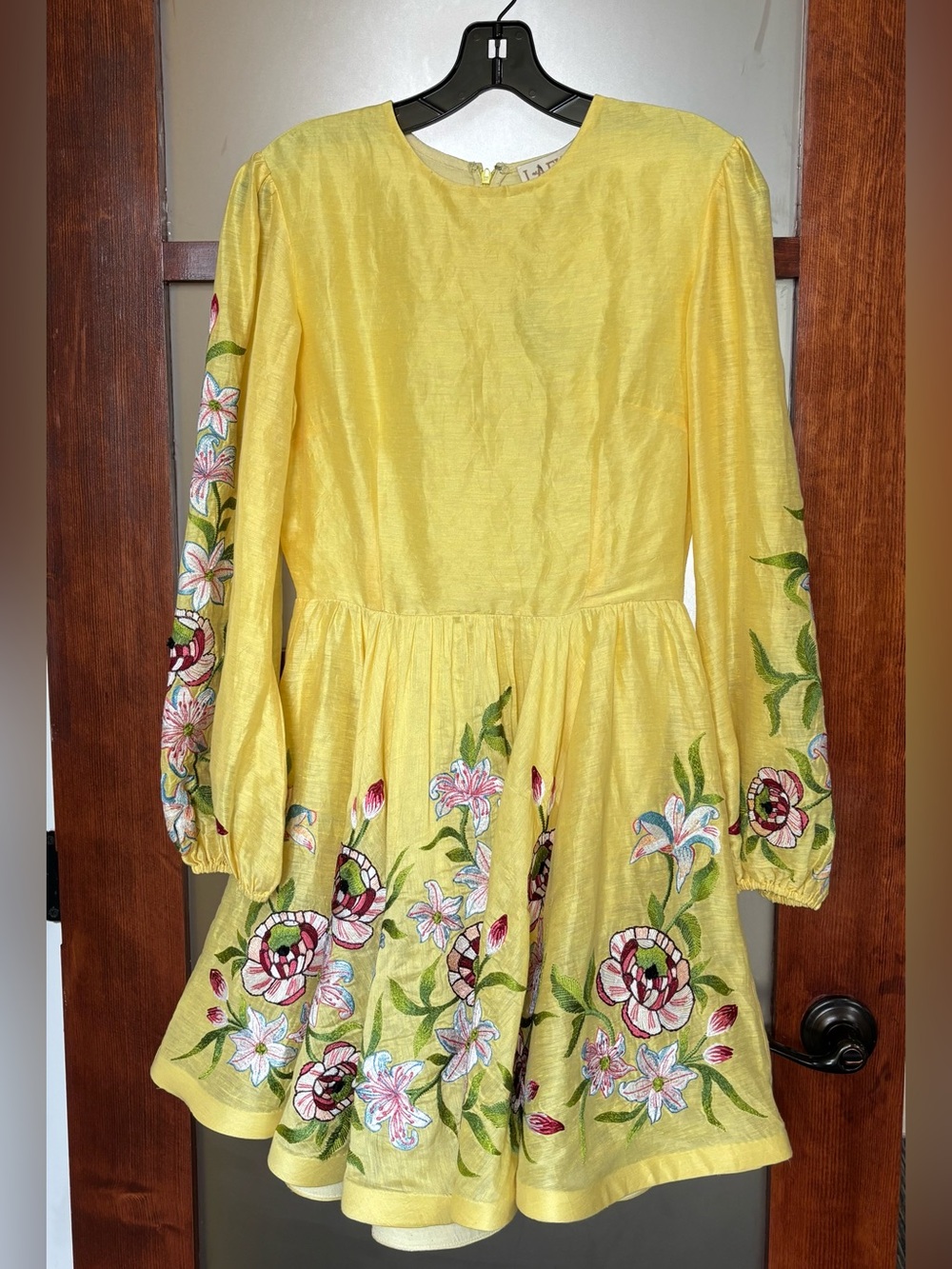 La Fuori Yellow Embroidered Mini Dress with Floral Detail
